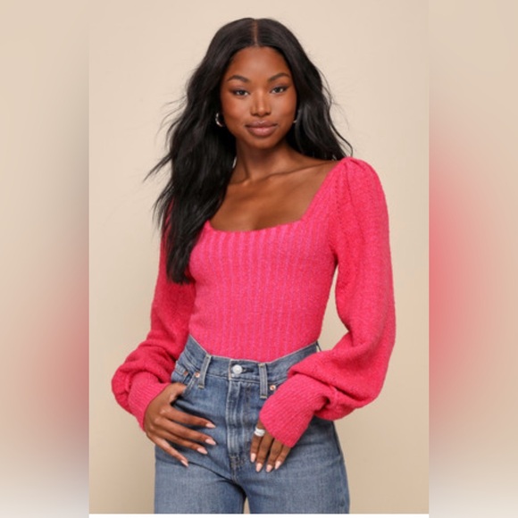 Free People Sweaters - Free People Katie Ribbed Knit Balloon Sleeve Sweater Top in Hot Pink